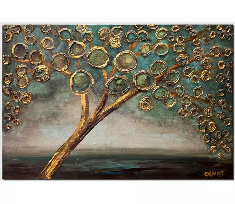 forest painting - gold teal abstract tree painting on canvas textured wall art