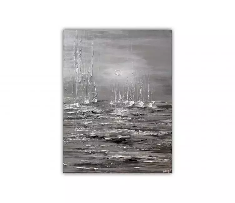 sailboats painting - original minimalist seascape painting on canvas sailboat art gray white modern art