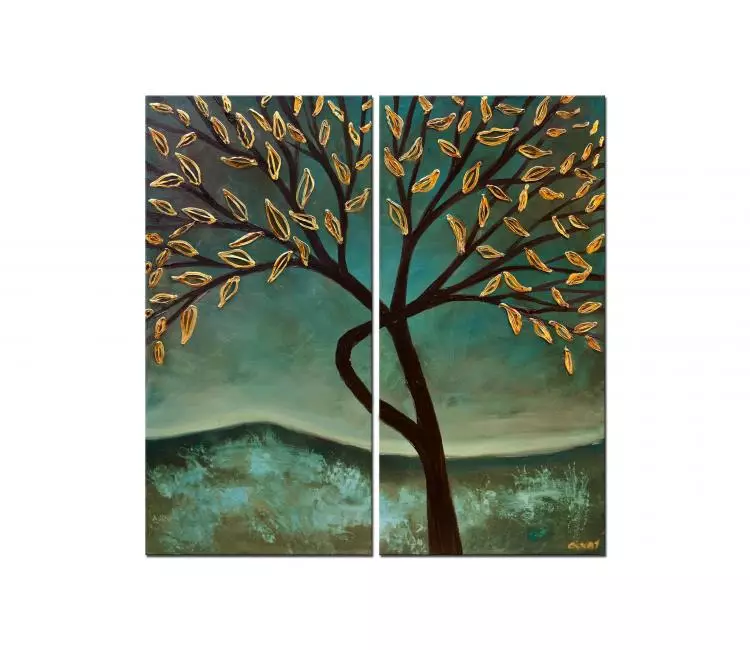 forest painting - gold tree painting on canvas textured teal gold tree abstract art modern decor