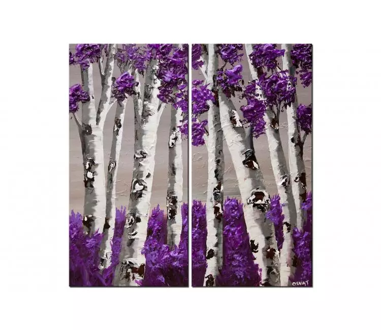 landscape paintings - purple abstract landscape tree painting textured blooming birch trees art on canvas