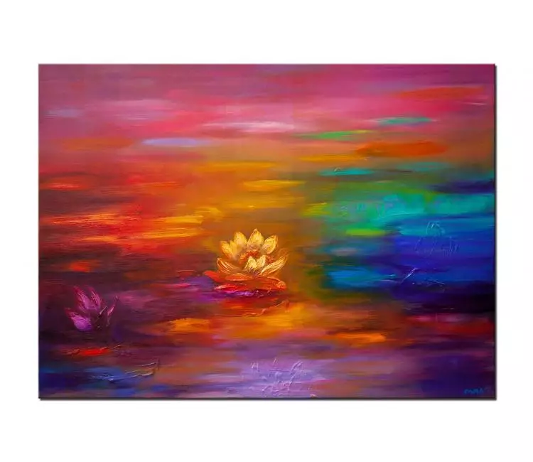 floral painting - original abstract lotus flower painting textured colorful lily pad wall art on canvas modern art