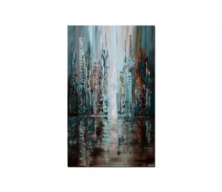 cityscape painting - dark teal wall art city painting on canvas original textured abstract city art modern decor
