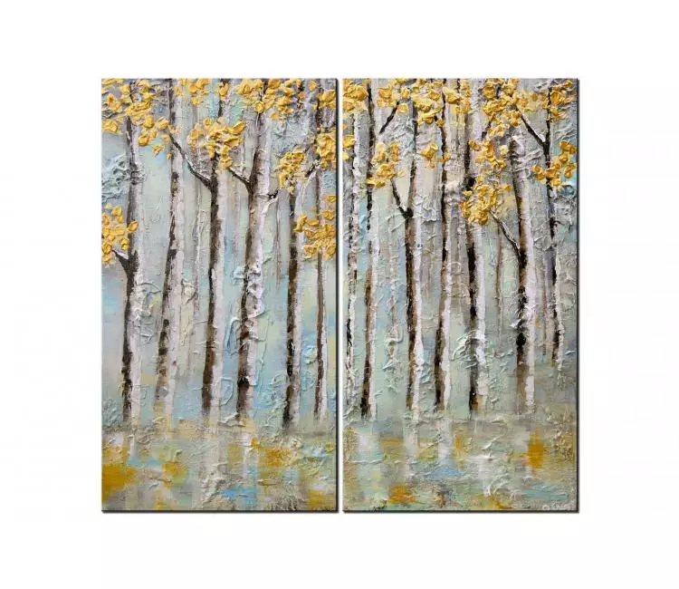 landscape paintings - textured birch trees painting on canvas original gold trees wall art modern home decor