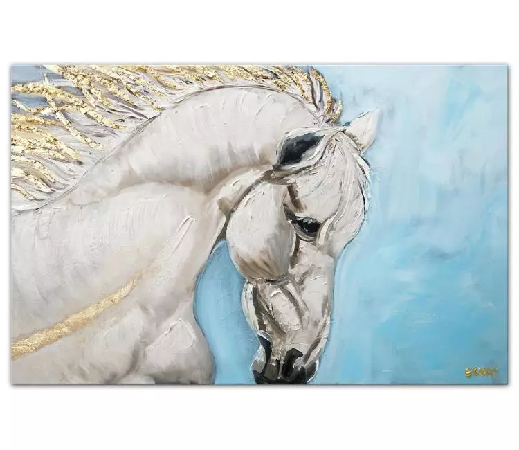 animals painting - original white horse painting on canvas light blue gold modern abstract art