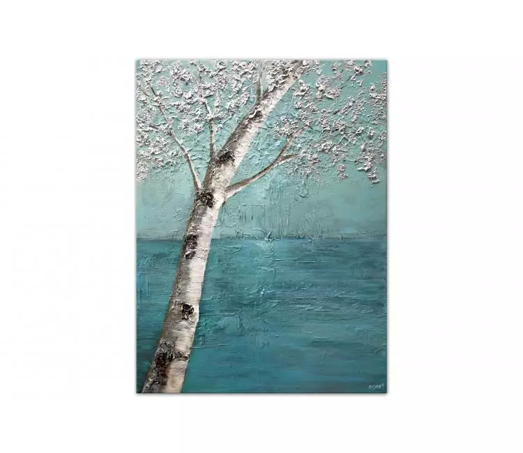 landscape paintings - teal abstract birch tree art on canvas textured birch tree painting minimalist art