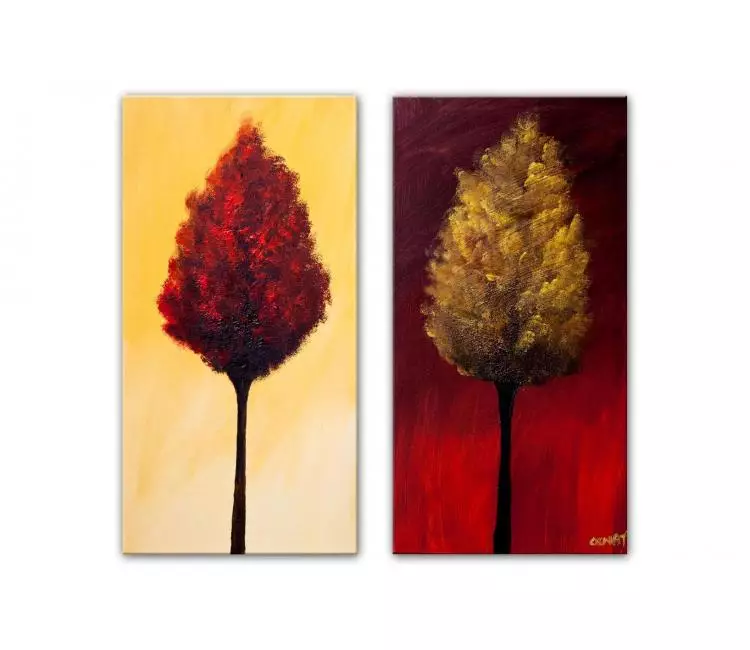 forest painting - original red gold trees painting on canvas set of 2 wall art modern home decor