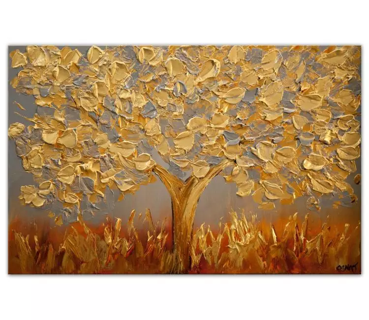 forest painting - original gold tree abstract painting on canvas textured art modern home decor