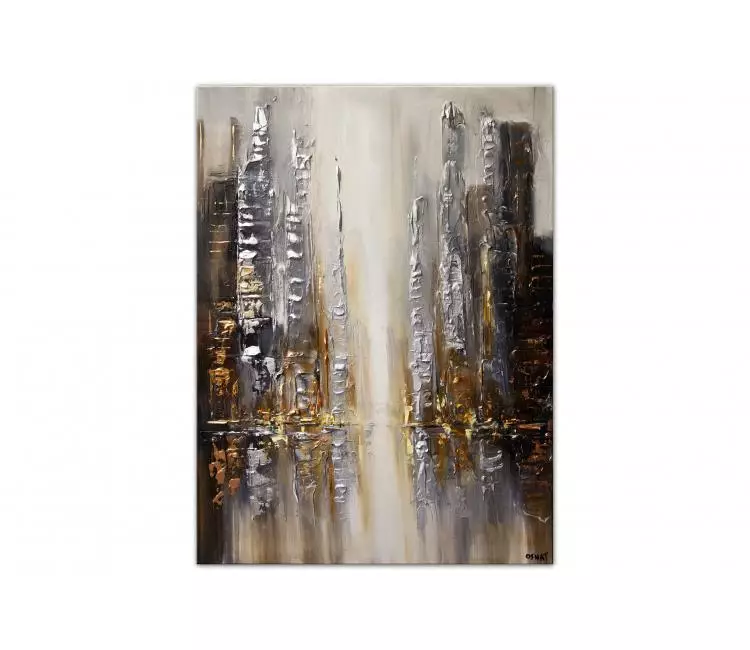 cityscape painting - modern minimalist city art canvas painting textured original silver gold city painting