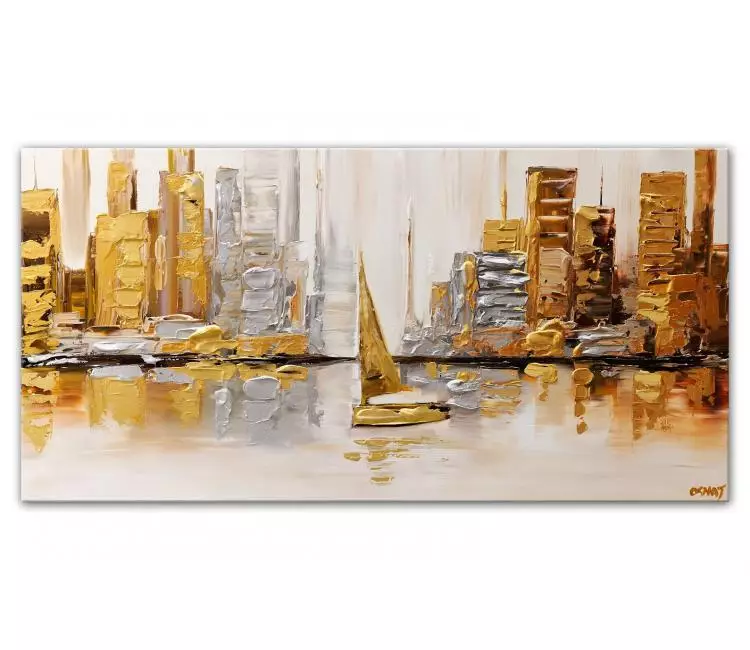 sailboats painting - gold silver city wall art on canvas minimalist abstract painting modern decor