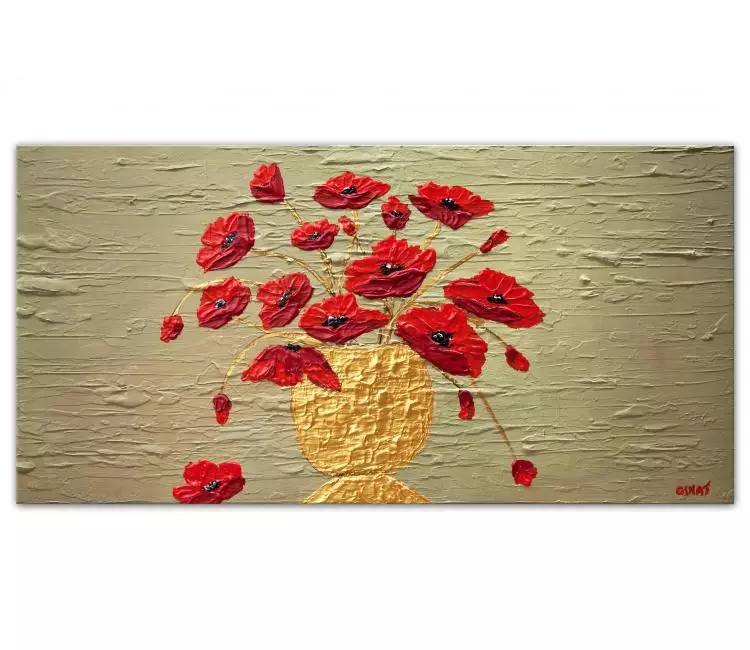 floral painting - original red poppies painting on canvas sage green wall art textured modern floral painting