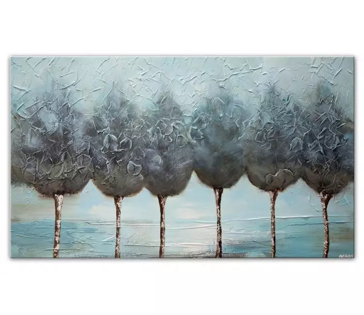 print on canvas - light blue decorative trees painting with silver