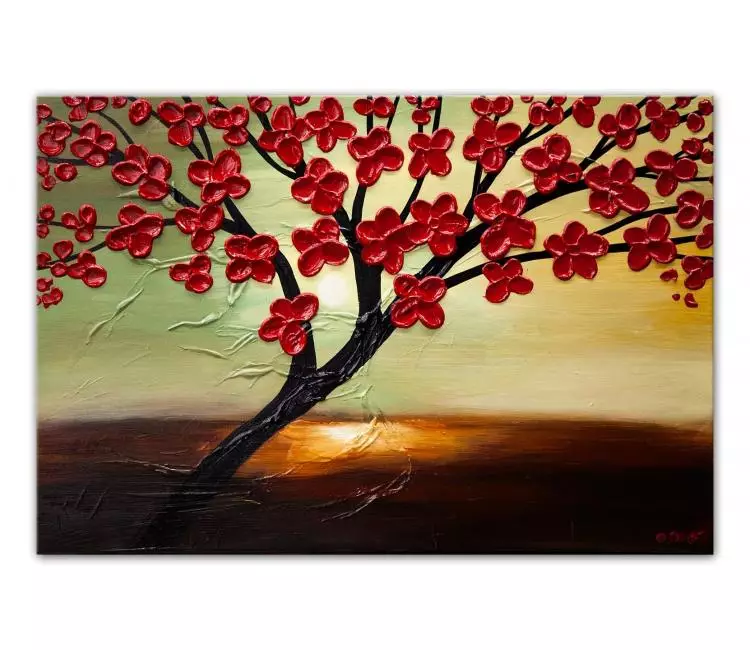 forest painting - original red blooming tree painting on canvas textured tree art modern home decor