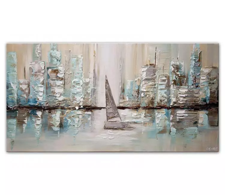 sailboats painting - minimalist city art on canvas textured pastel abstract wall art modern home decor