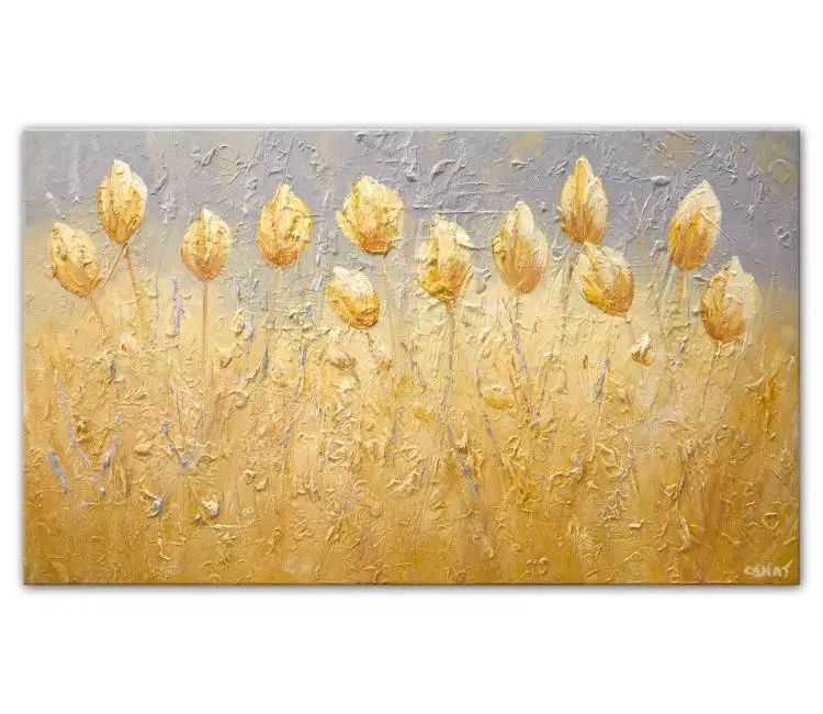 floral painting - yellow gray floral abstract art on canvas original tulips flowers painting modern art