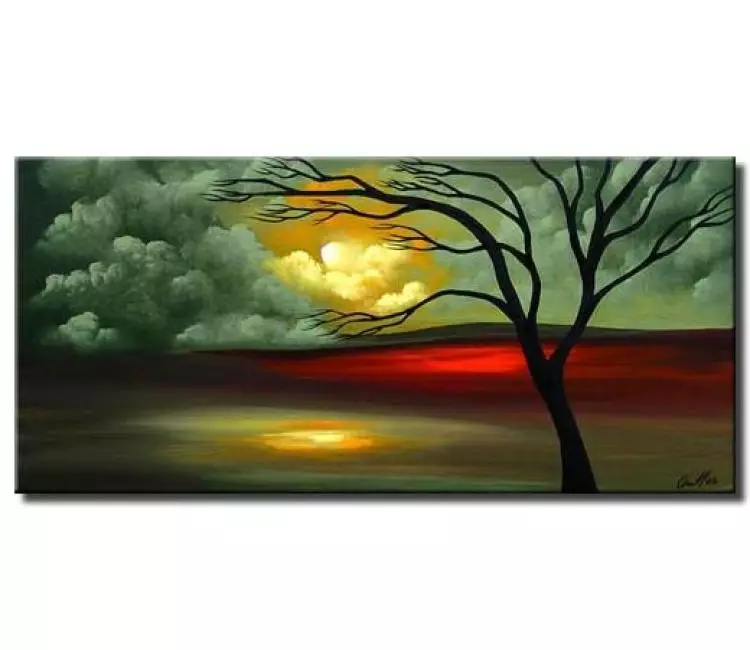 Painting for sale - modern landscape art lake trees and colorful sky #5785