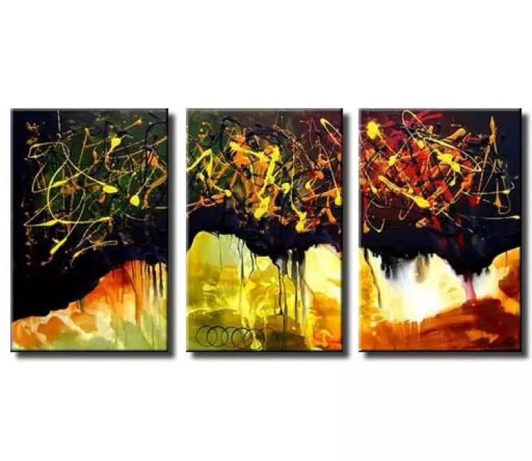 Painting for sale - triptych art black yellow abstract #3127