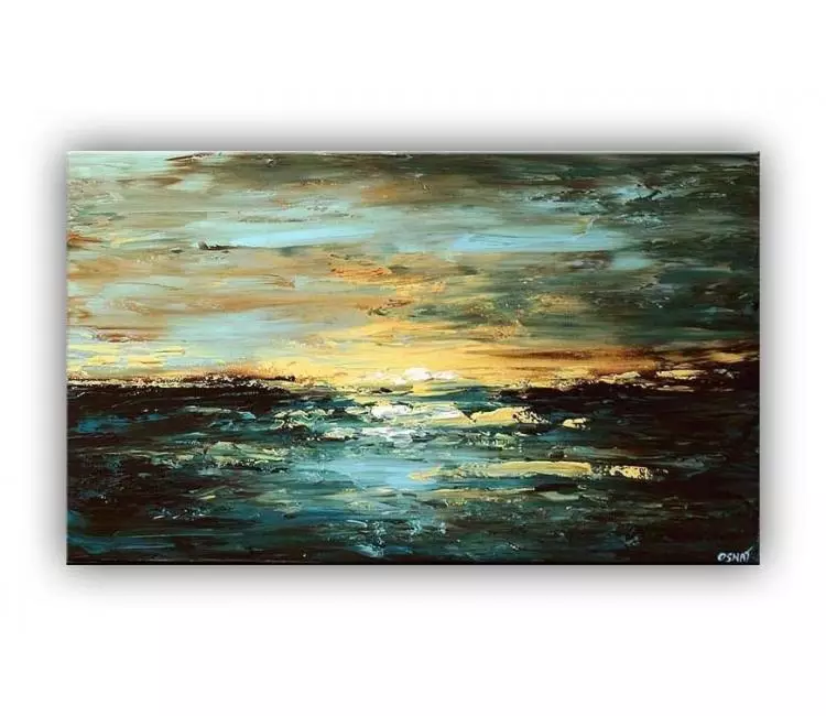 Landscape painting - horizontal sunset seascape painting blue #5717
