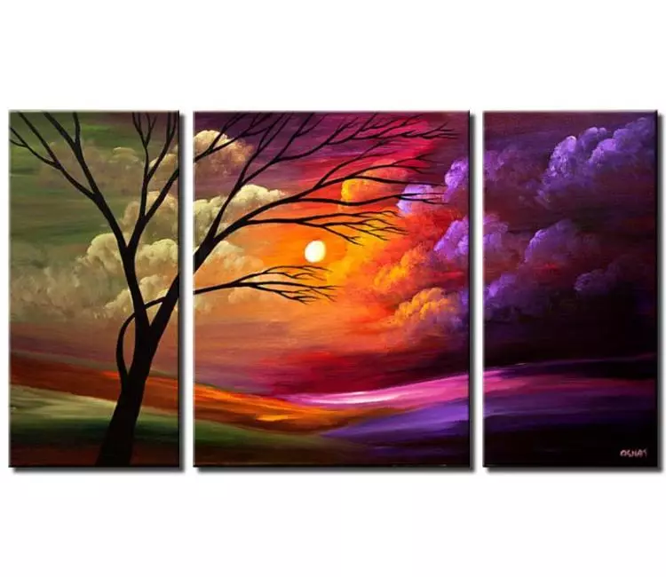 Painting for sale - colorful sunset tree clouds triptych #5880
