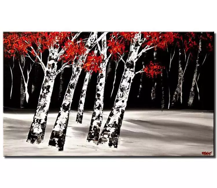 Painting for sale - textured birch trees at night red white black #5897