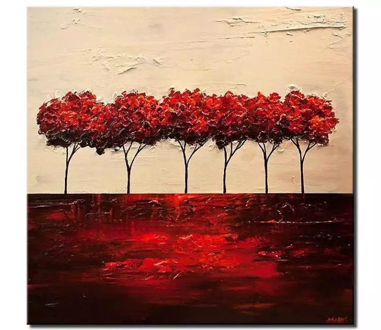 Painting for sale red blooming trees abstract landscape