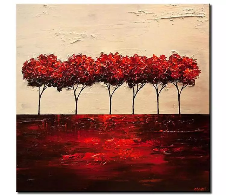 Painting for sale - red blooming trees abstract landscape painting #6350