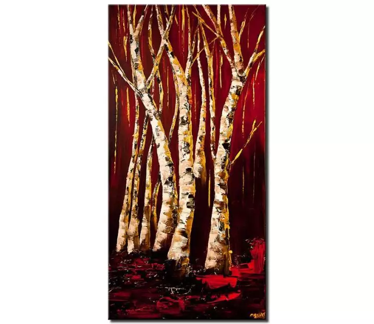 Painting for sale - gold birch trees landscape painting red abstract