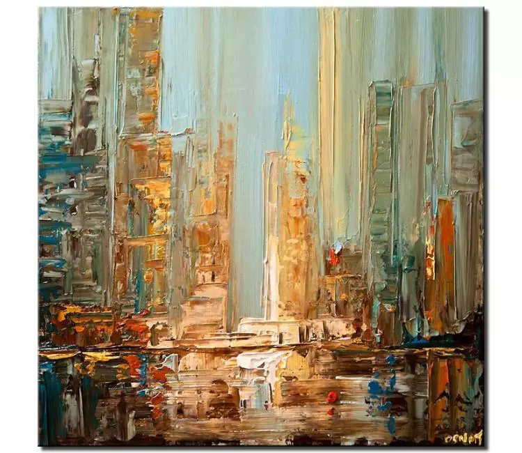 Painting for sale - city abstract painting blue brown textured