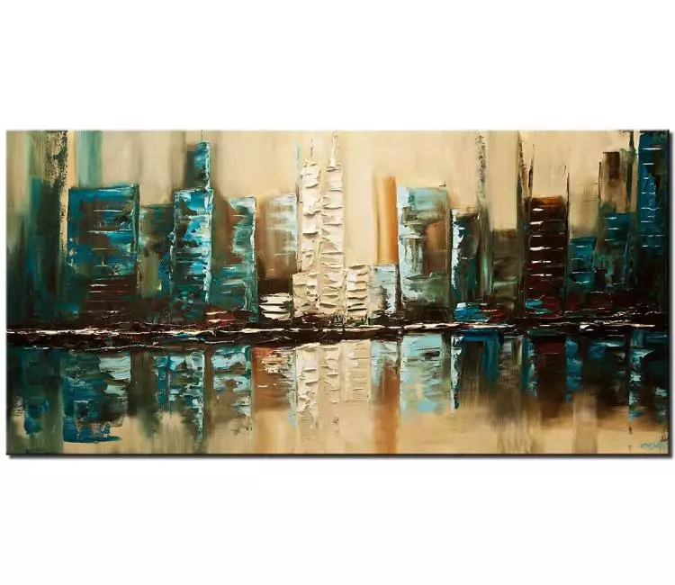 Painting for sale - modern textured teal abstract city painting #8411