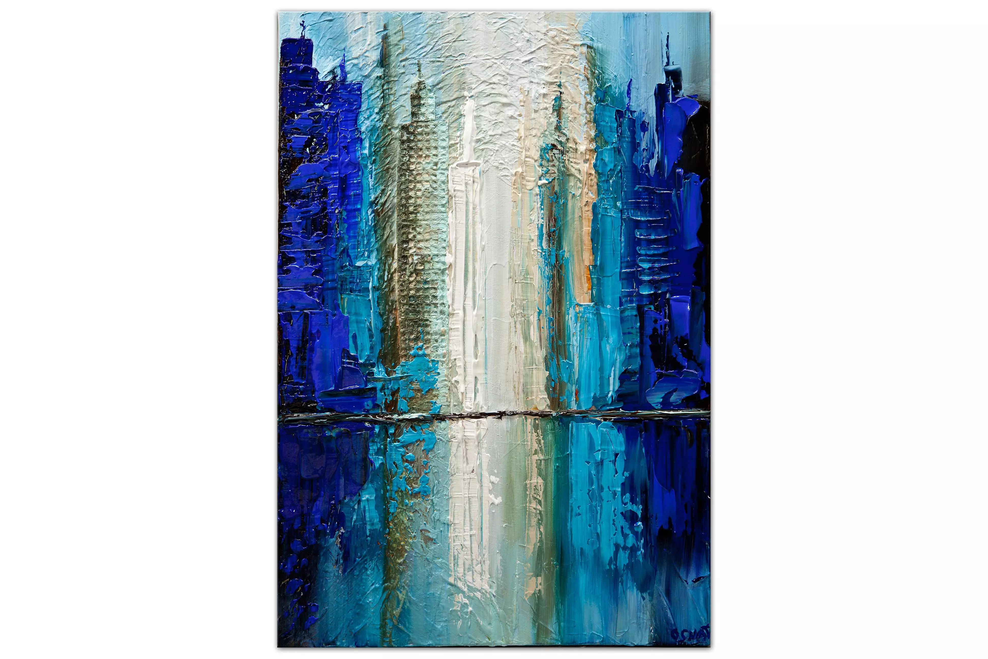 blue teal city abstract painting
