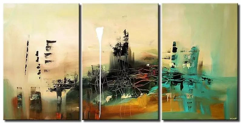 triptych modern painting in green and brown