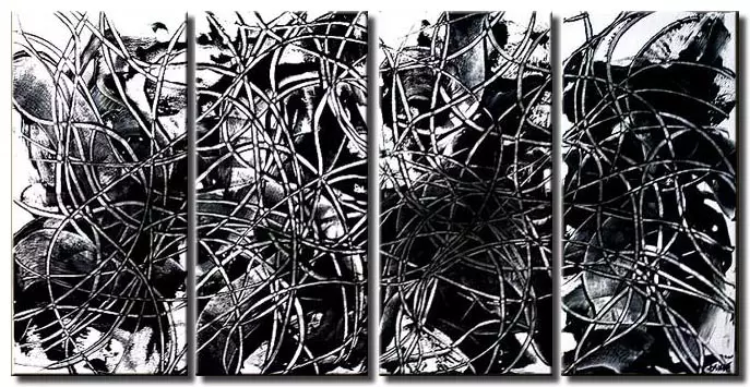 multi panel painting and black and white splashes