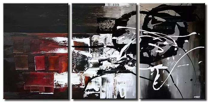 black white and red abstract painting triptych