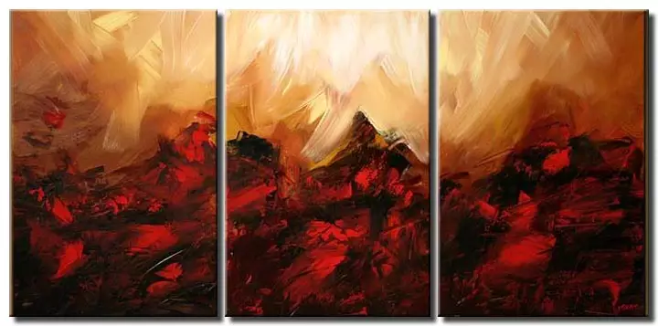triptych abstract painting in red and rusty orange colors