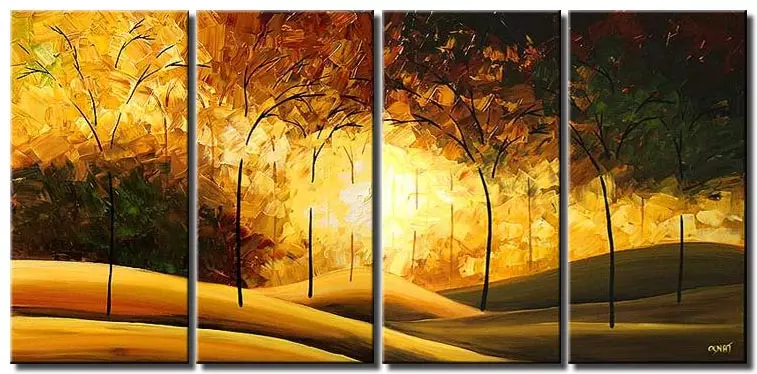 multi panel golden forest textured painting
