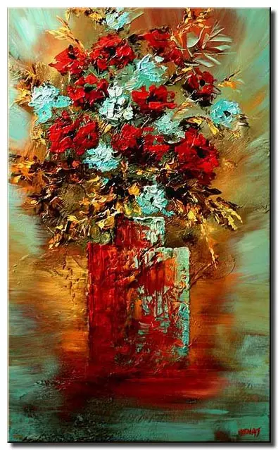 red vase with red flowers vertical floral blue