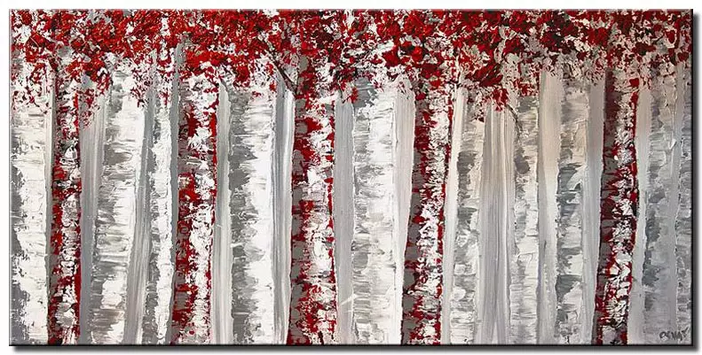 textured red and white birch trees