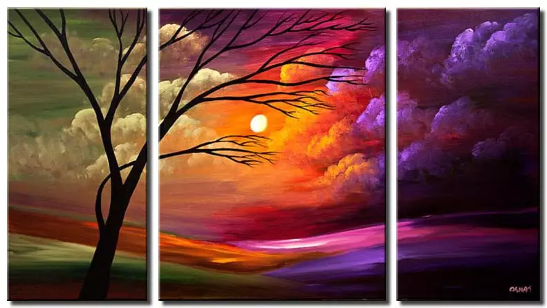 Painting For Sale Colorful Sunset Tree Clouds Triptych 50