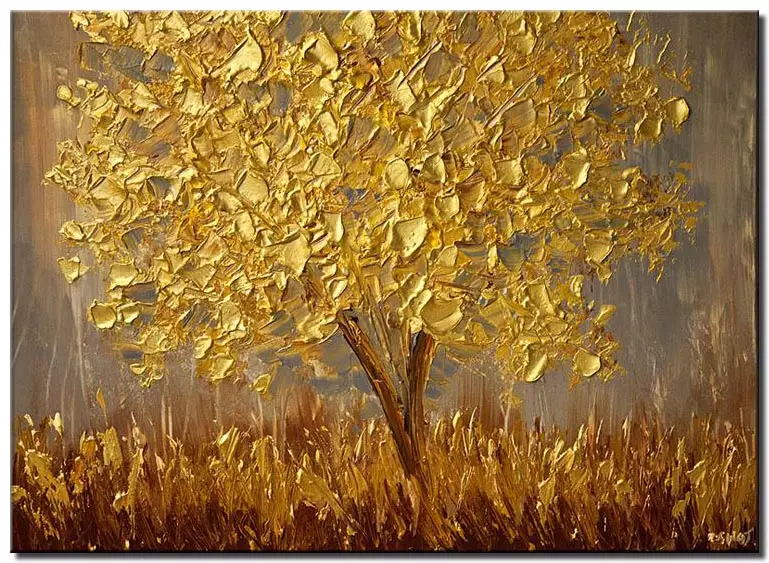 Wealthy Forest tree yellow trees wall art printable Autumn landscape view vertical Luxury painting for entrance Luxury Golden Tree
