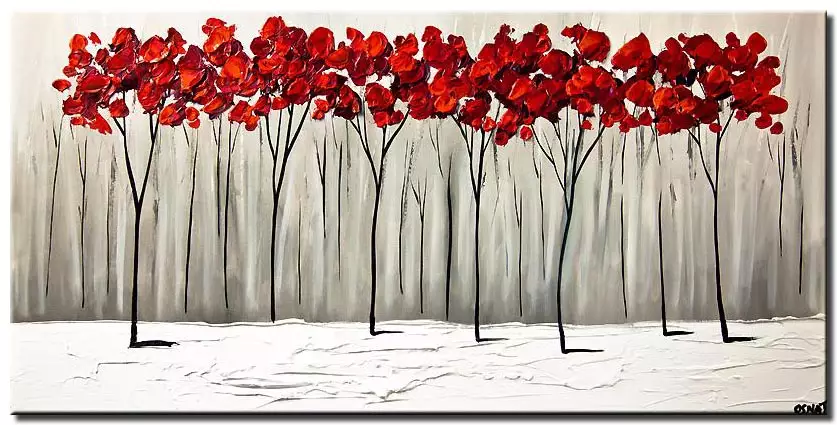 red blooming trees winter painting palette knife
