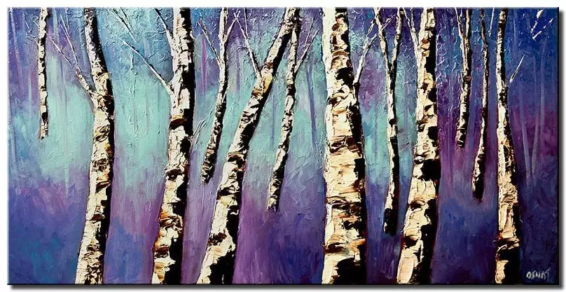 canvas print of birch trees in purple forest