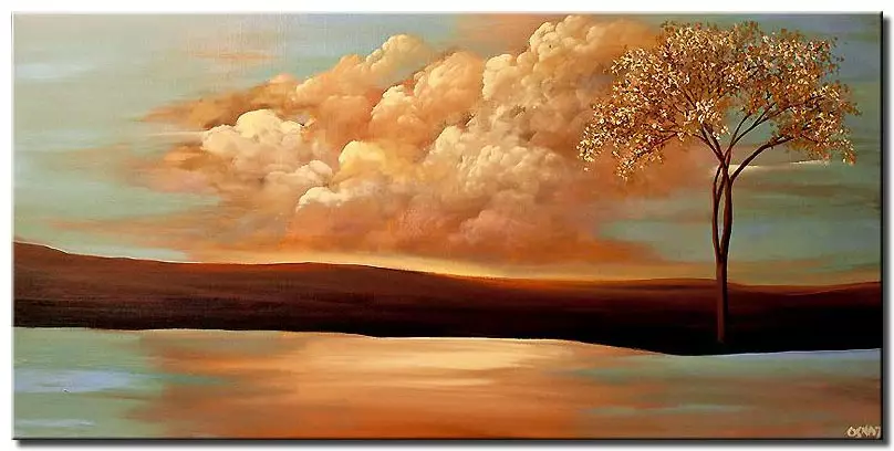 canvas print of single tree on river bank with background of clouds