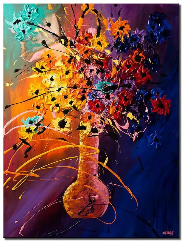 canvas print of abstract painting of vase with colorful flowers