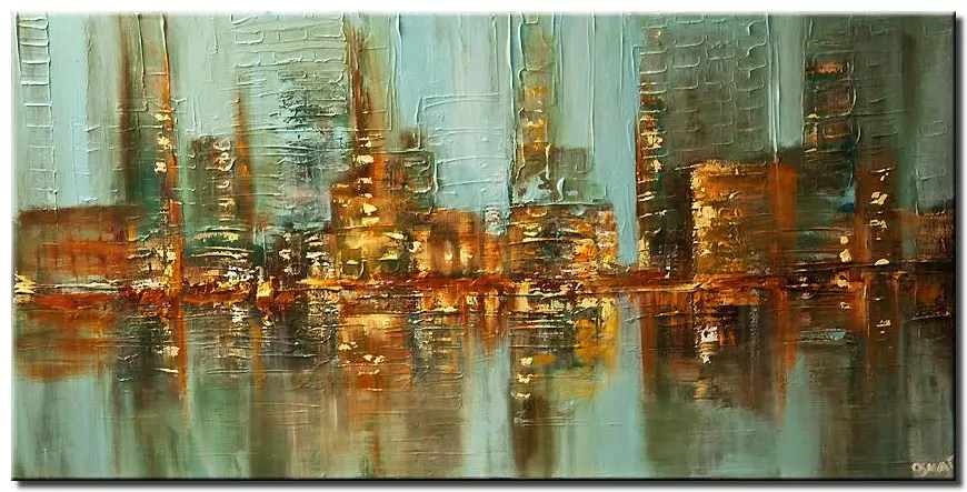 canvas print of Abstract city lights painting water reflection skyscrapers heavy texture