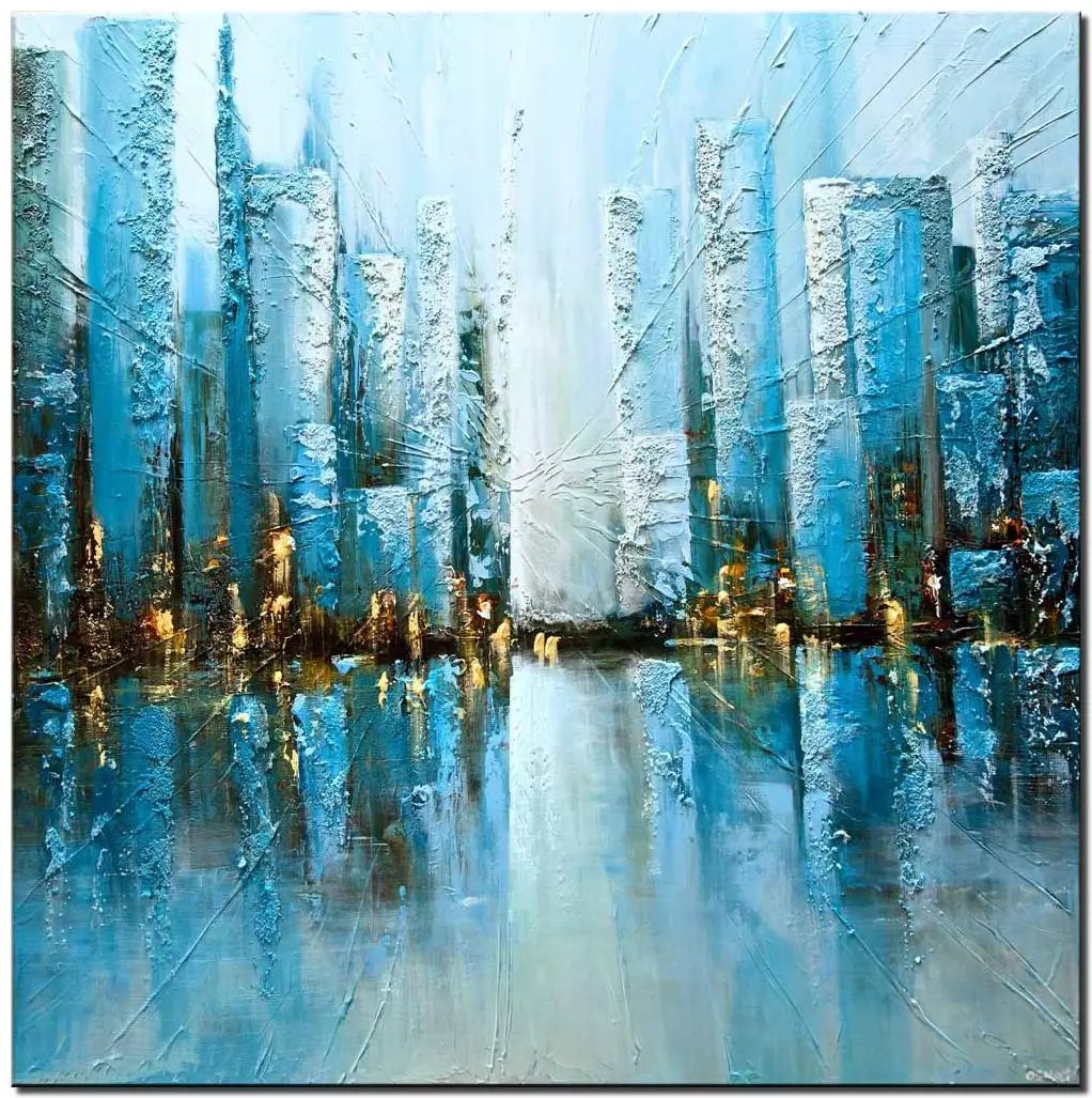 blue textured abstract city painting
