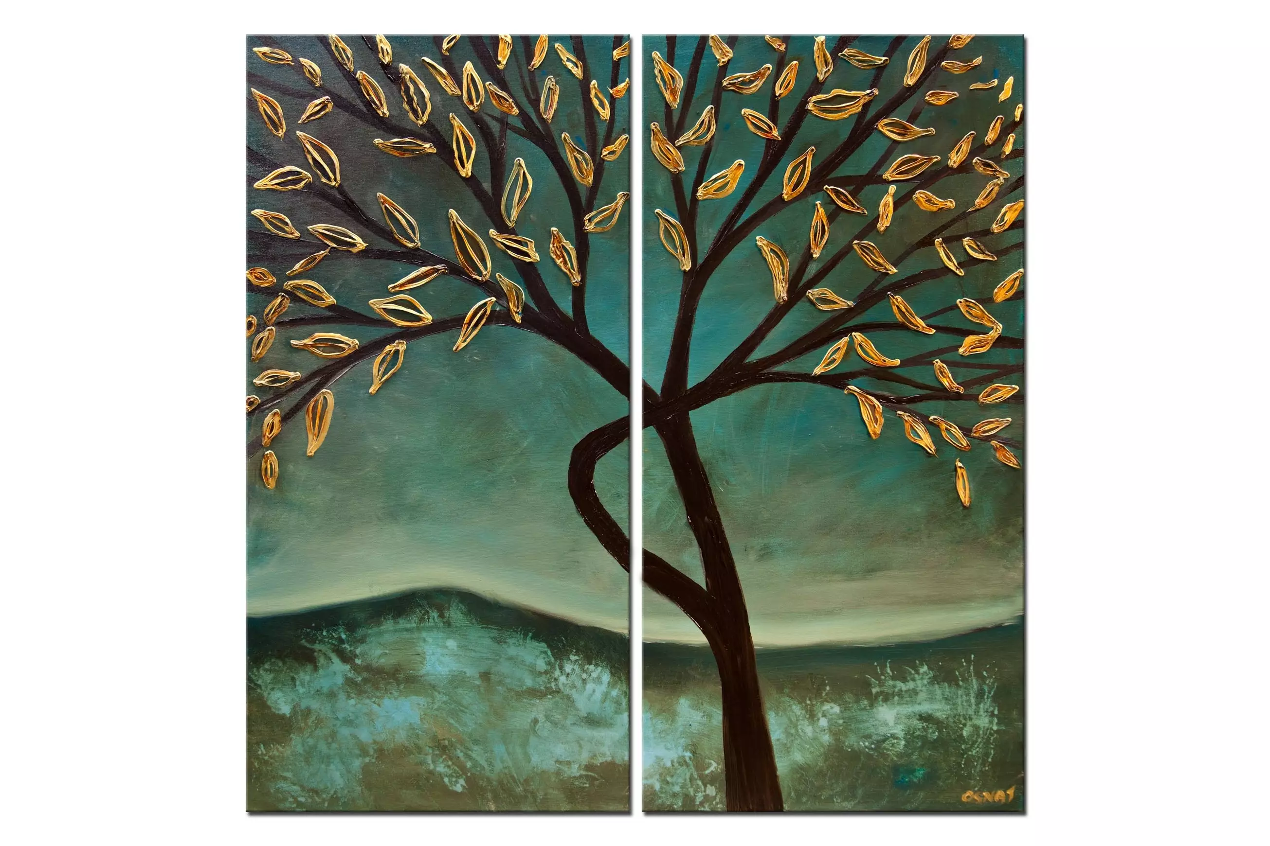 green teal gold blooming tree abstract painting