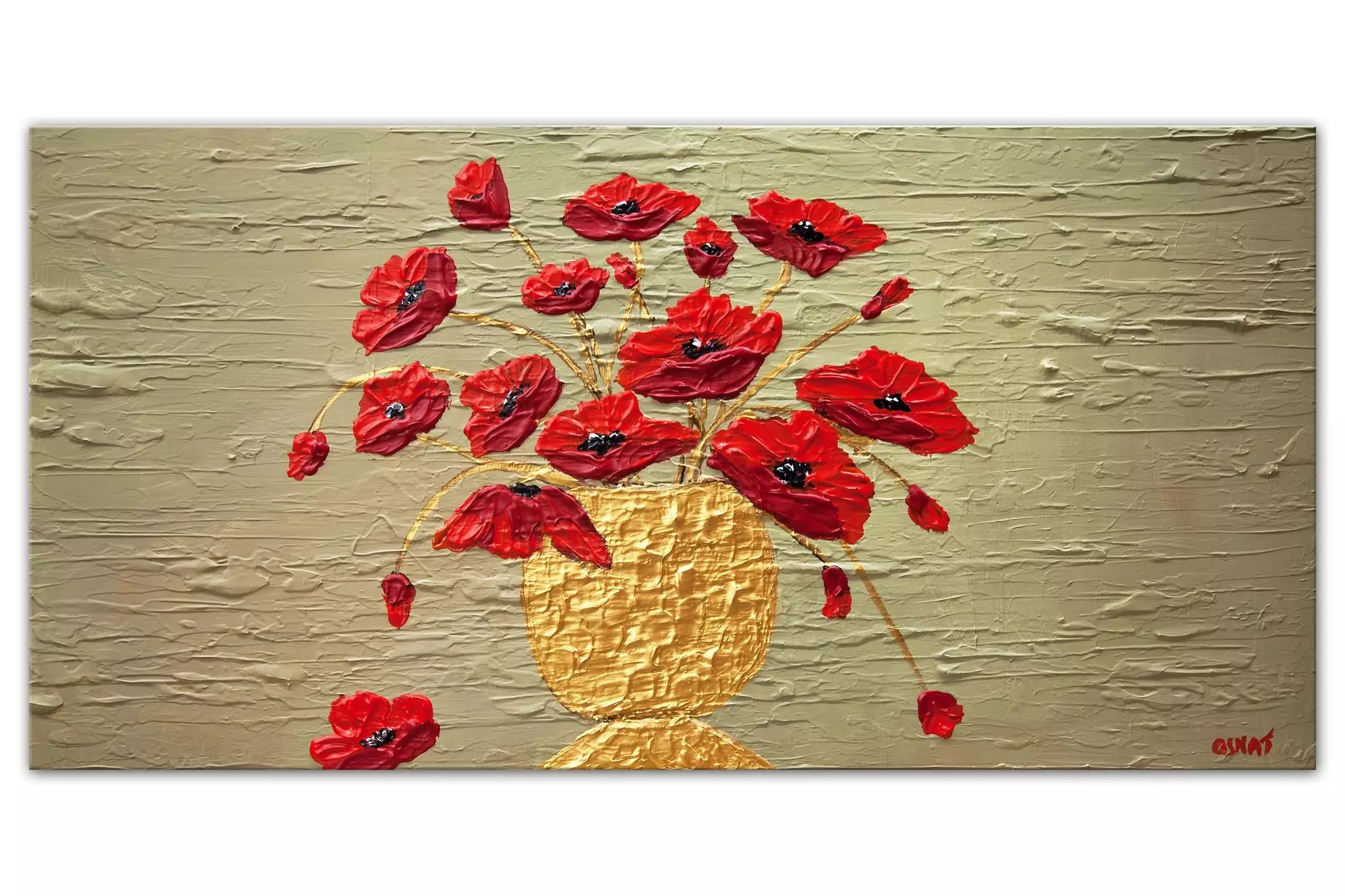red poppies in gold vase modern textured painting