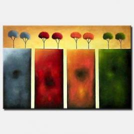 colorful blooming trees green orange red gray