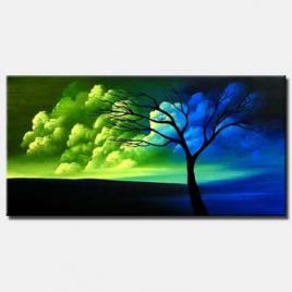 blue and green landscape painting