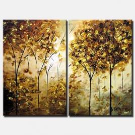  diptych painting of a golden blooming trees