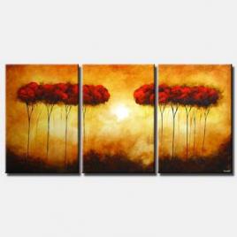 triptych painting of red trees